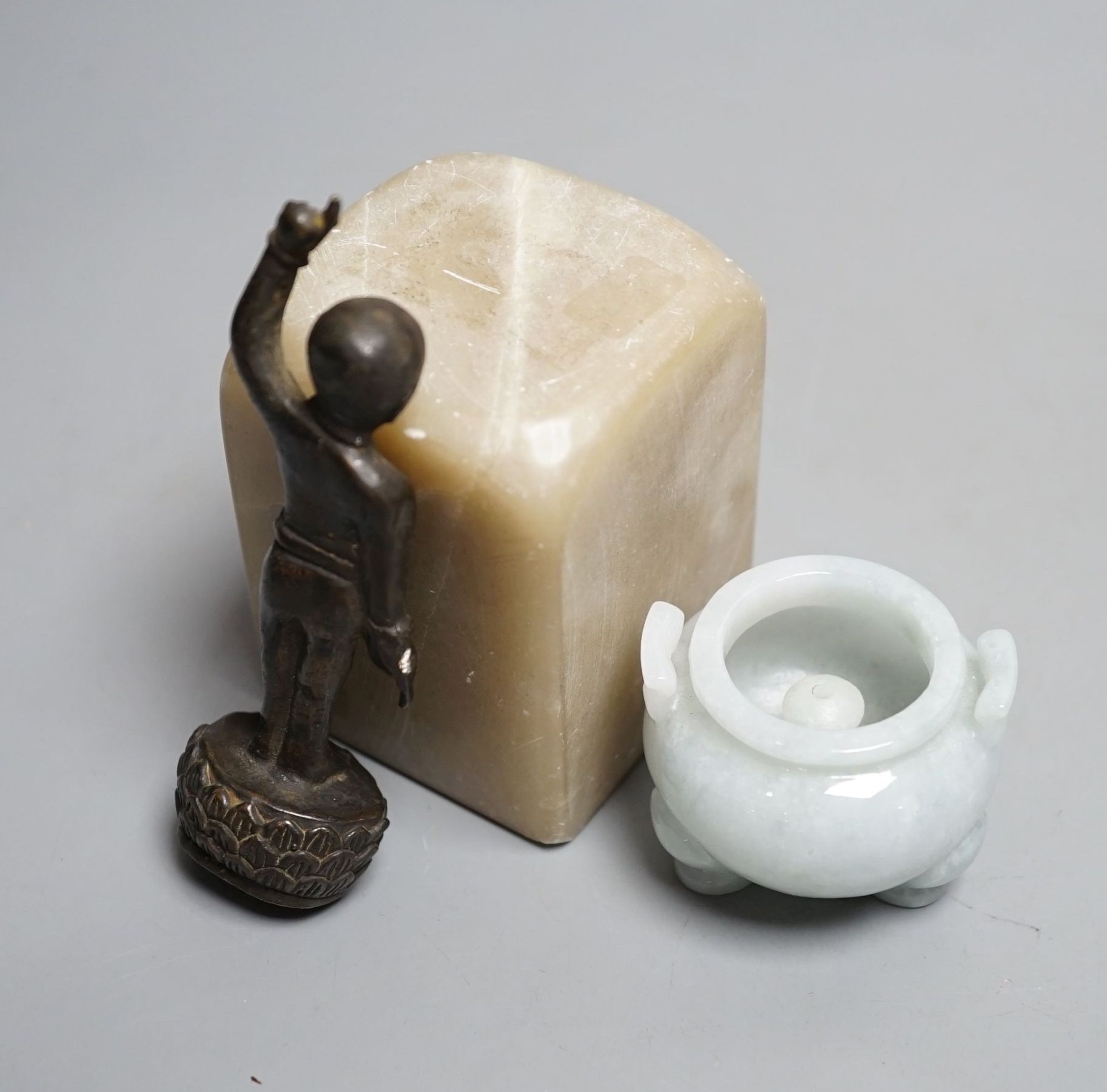 Assorted Chinese items including Canton enamel dishes, bronze standing buddha, jadeite censor, soapstone seal, Soapstone seal 8 cms high.